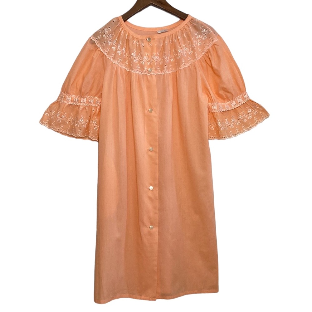 Vintage House Dress Womens Small Orange Puff Sleeve Nightgown Dressing Gown
